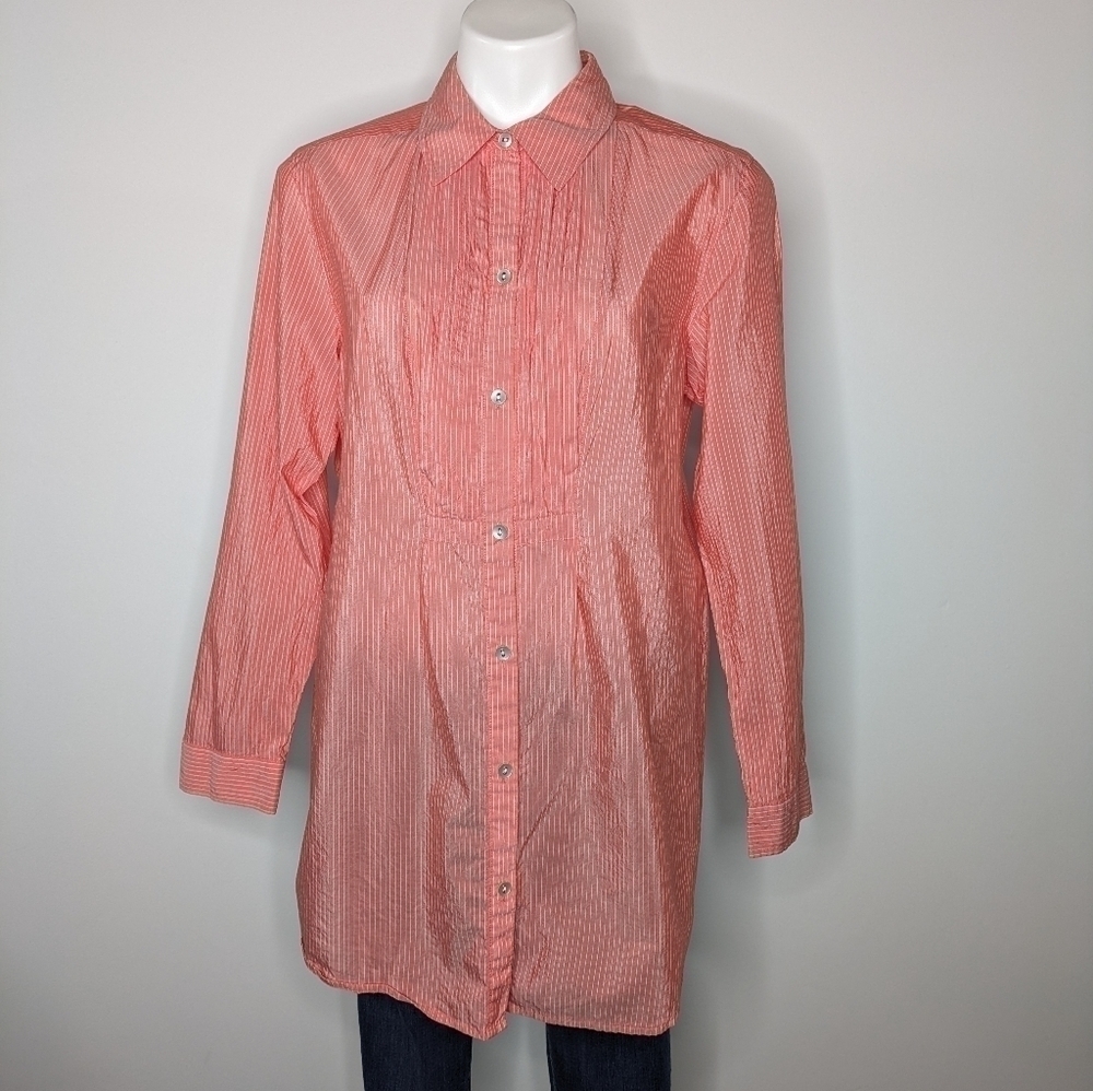 Chico's peach white striped cotton & silk blend button up blouse L
